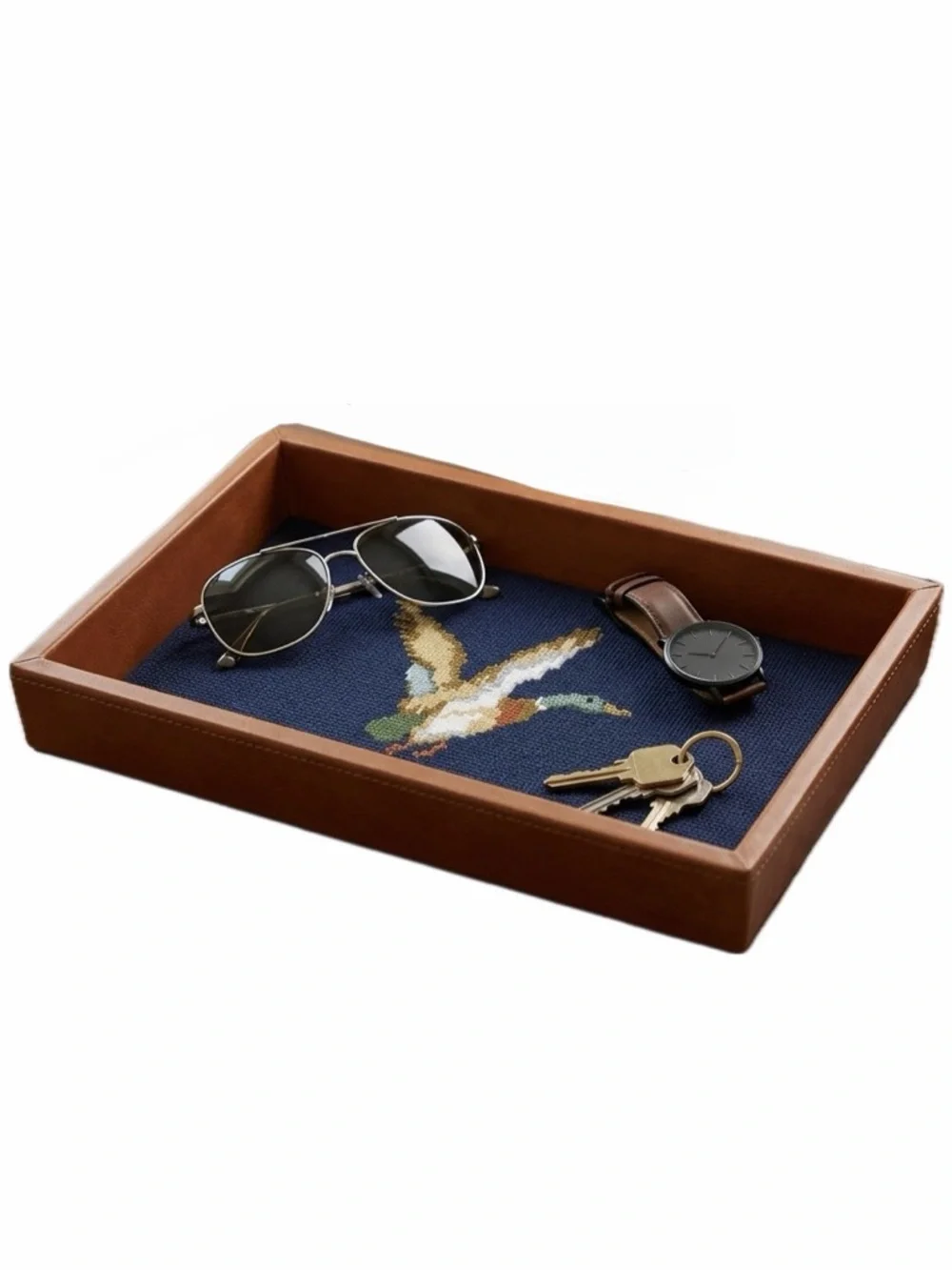 THE KRAFTSMAN CO. NEEDLEPOINT VALET TRAY DUCK HUNTING NAVY VINTAGE WOOD